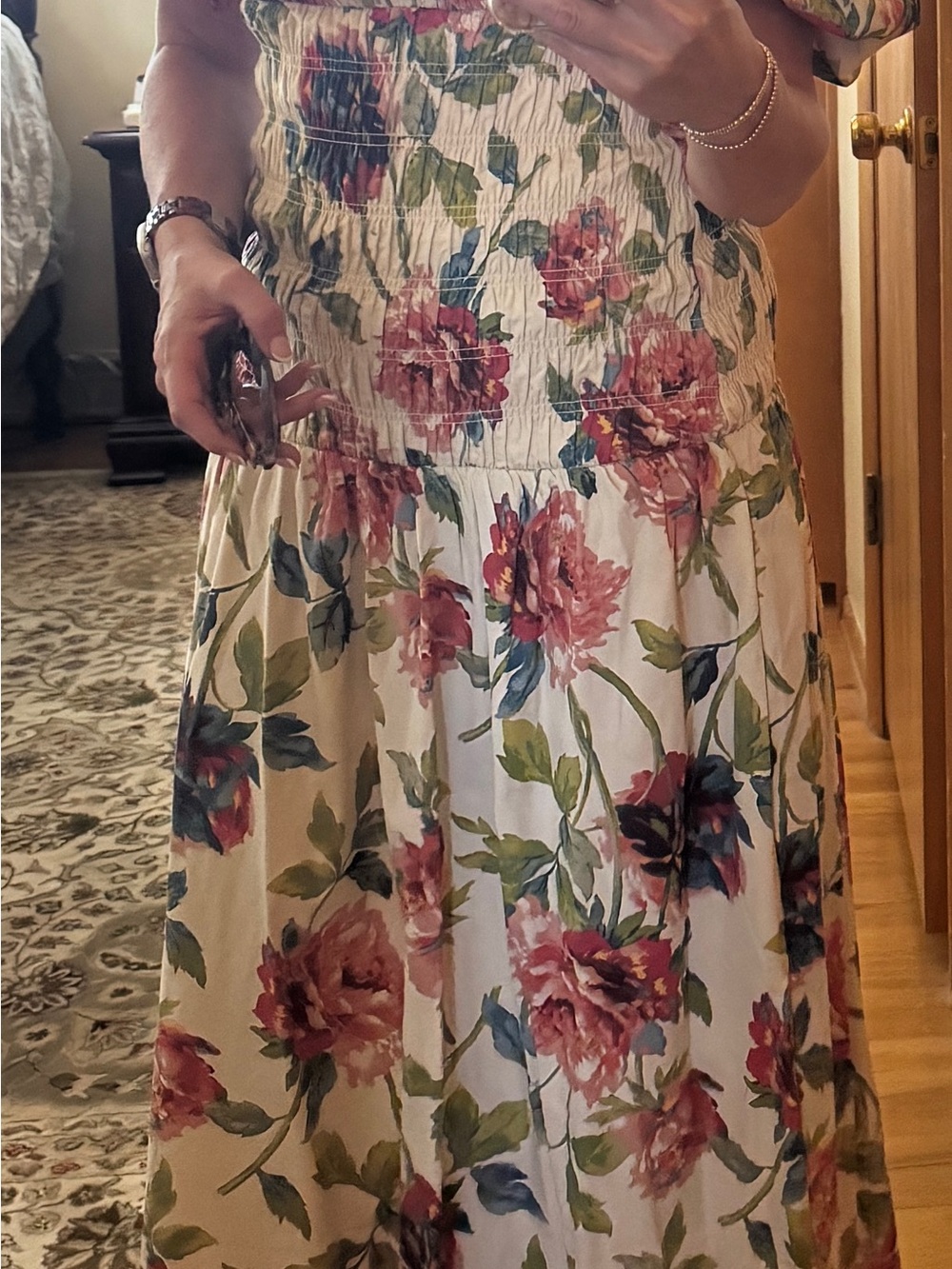 Abercrombie & Fitch Cream Strapless Floral Dress with Pink & Green Print